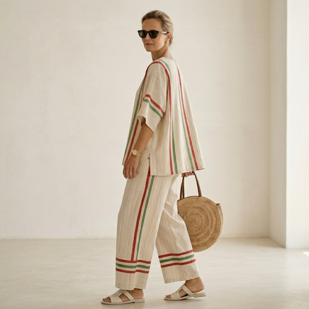 Noemi – Blusa boho estampada, combinada con pantalones holgados de corte cómodo