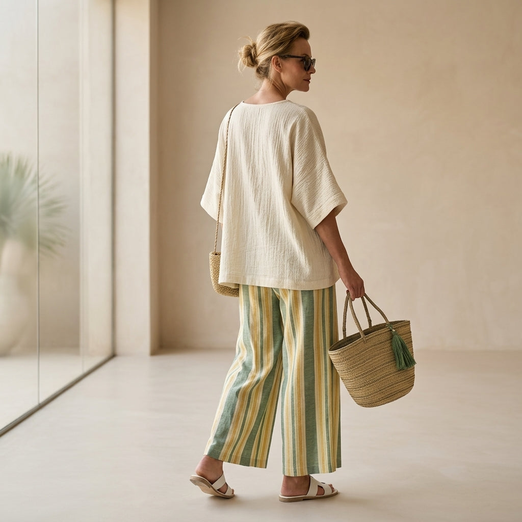 Caterina – top elegante y pantalones de lino a rayas para un look chic y sofisticado