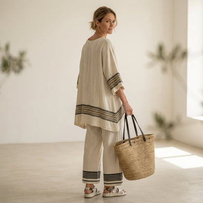 Mariella – Elegante conjunto de lino: top de rayas negras y pantalones fluidos