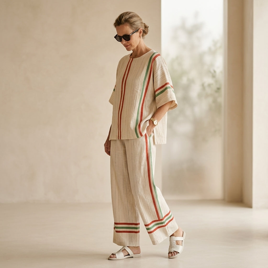 Noemi – Blusa boho estampada, combinada con pantalones holgados de corte cómodo
