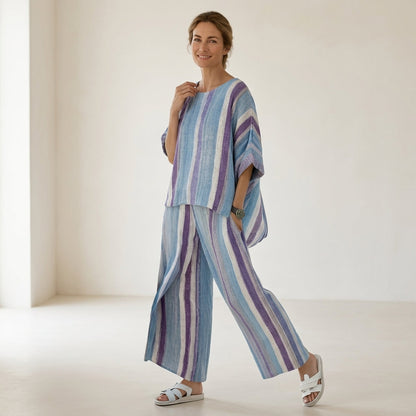 Ginevra – top en mauve pastel elegante y pantalones a rayas de lino
