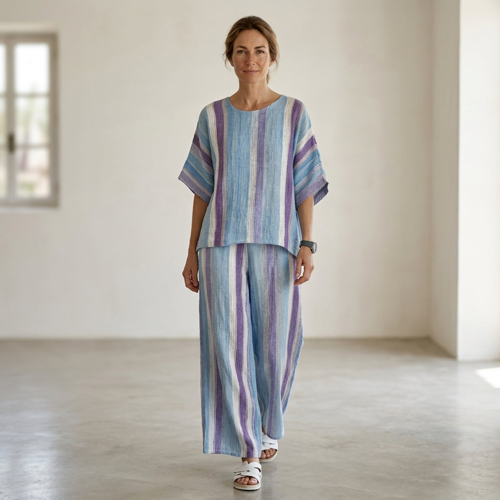 Ginevra – top en mauve pastel elegante y pantalones a rayas de lino