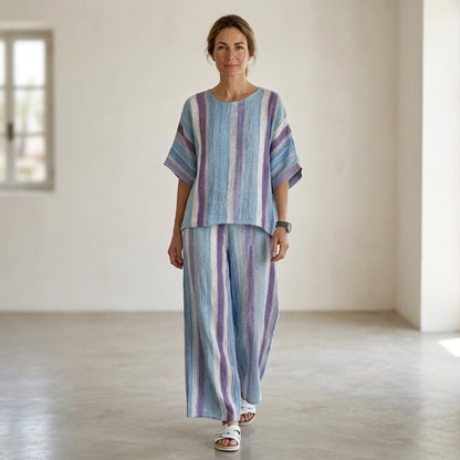 Ginevra – top en mauve pastel elegante y pantalones a rayas de lino