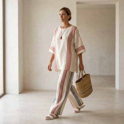 Ludovica – top de rayas multicolores sofisticado combinado con pantalones mediterráneos