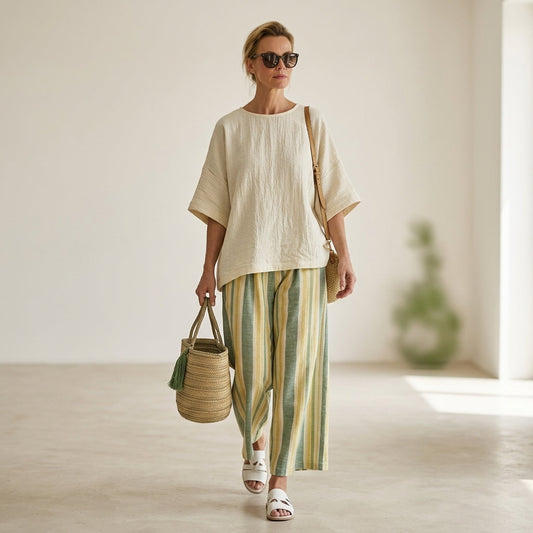 Caterina – top elegante y pantalones de lino a rayas para un look chic y sofisticado