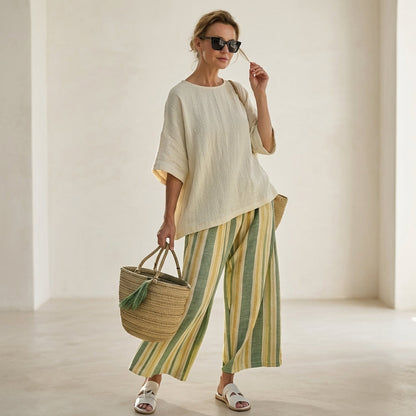 Caterina – top elegante y pantalones de lino a rayas para un look chic y sofisticado
