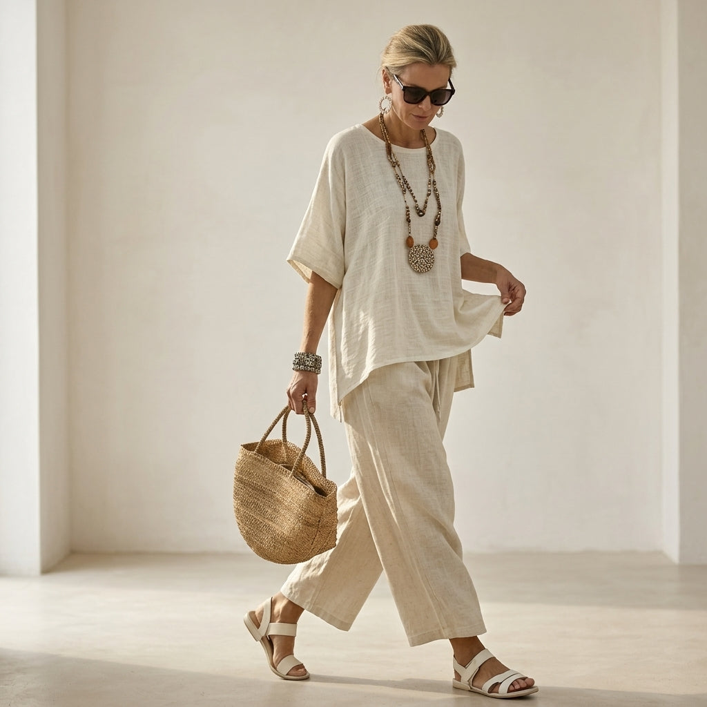 Beatrice – Camisa cómoda y esencial, combinada con pantalones de pierna ancha