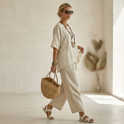 Beatrice – Camisa cómoda y esencial, combinada con pantalones de pierna ancha