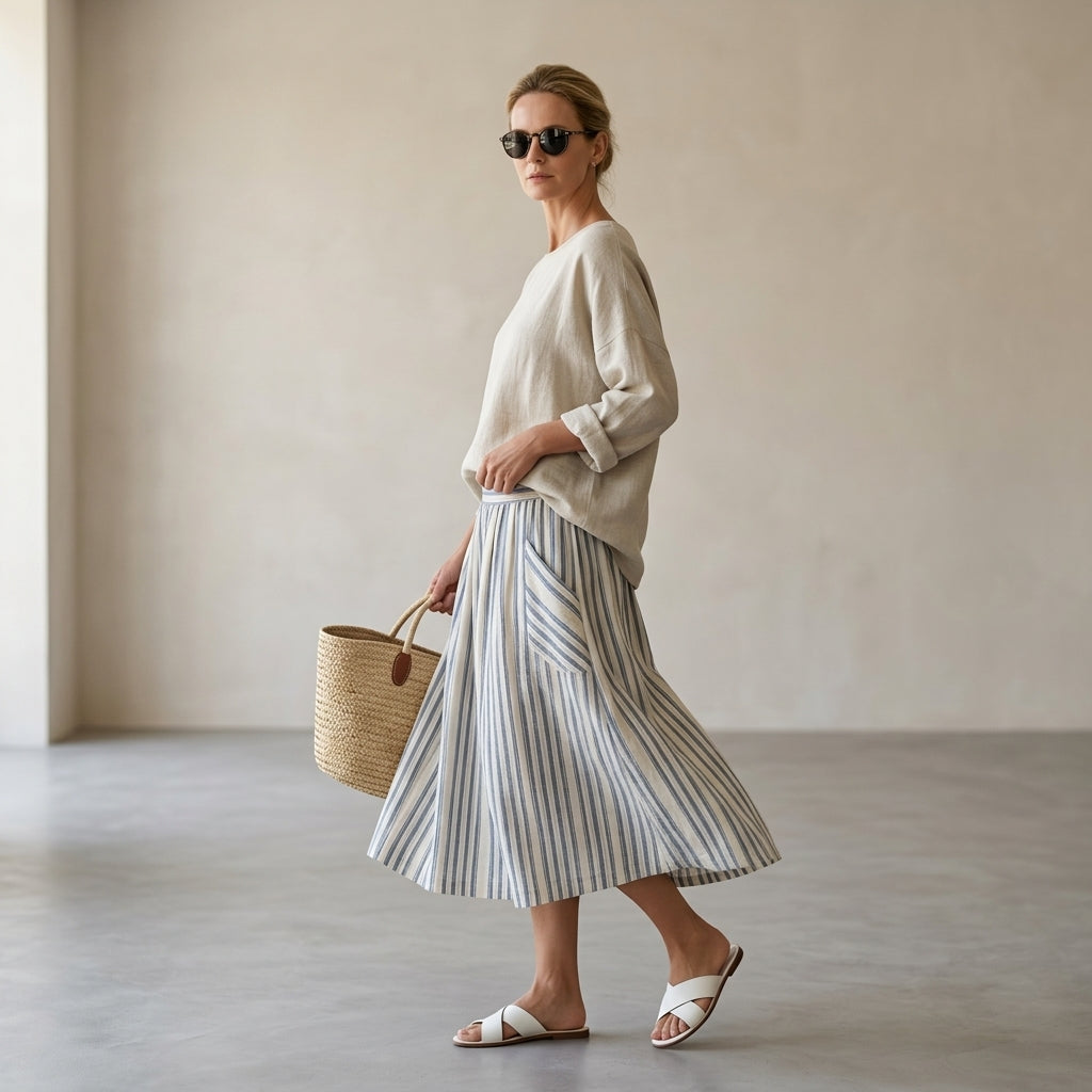Aurora – blusa cómoda y falda midi a rayas