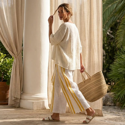 Arianna – Elegante conjunto de lino: top de rayas amarillas y pantalones de pierna larga