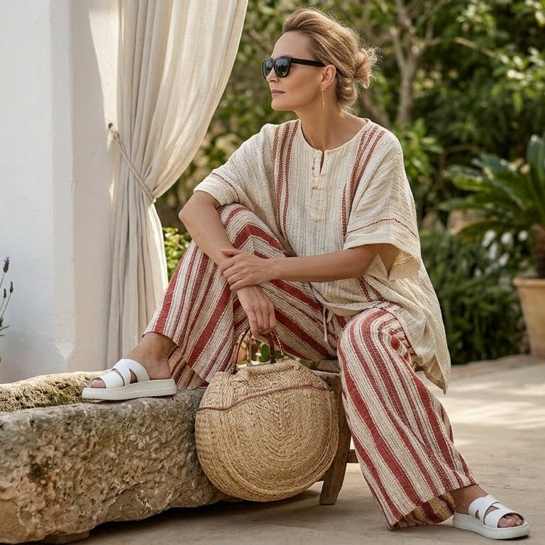 Mirella – Elegante conjunto con top estructurado rojo a rayas y pantalones de lino