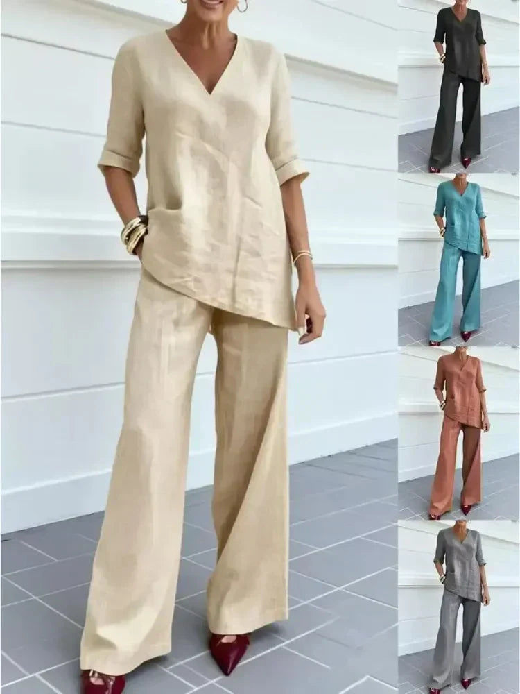 Susana | Conjunto de dos piezas con top de manga corta y pantalones rectos