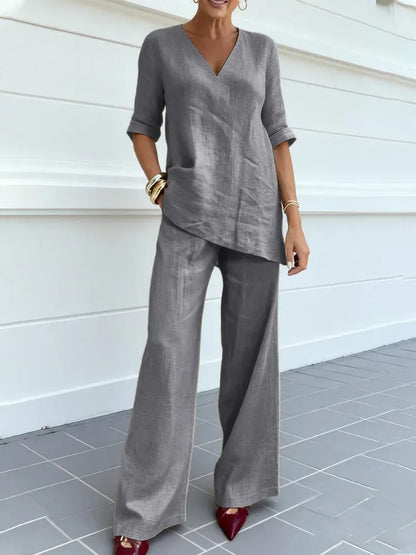 Susana | Conjunto de dos piezas con top de manga corta y pantalones rectos